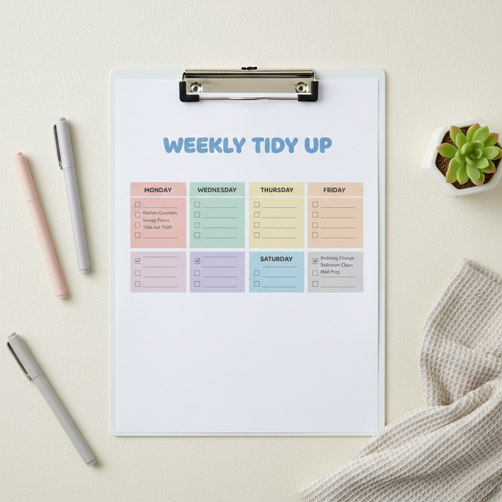 Printable weekly cleaning checklist with daily tasks organized by day of the week