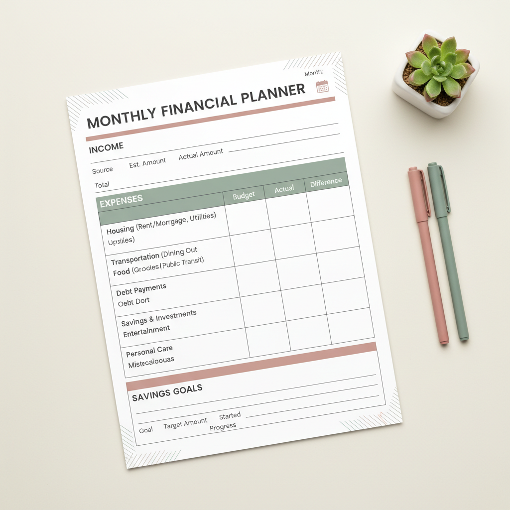 Printable monthly budget tracker worksheet