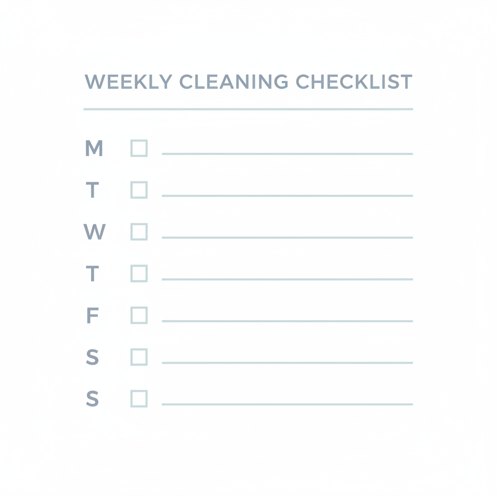 Minimal printable weekly cleaning checklist with day initials M T W T F S S and checkbox lines