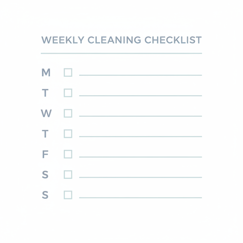 Minimal printable weekly cleaning checklist with day initials M T W T F S S and checkbox lines
