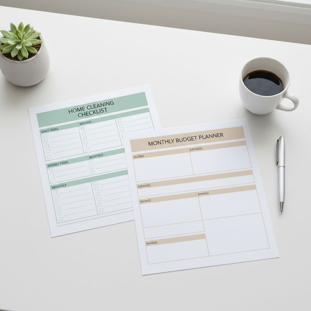 Home Management Bundle - Cleaning Checklist and Budget Planner printable flat lay